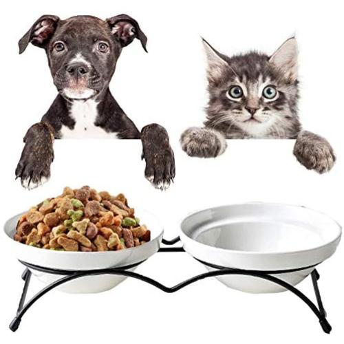 Jyipsonm Natural Ceramic Raised Double Cat Bowls Cute Pet Feeder Bowl Dishes Elevated Food and Water Bowls with Metal Raised Anti-Skid Stand