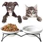 Jyipsonm Natural Ceramic Raised Double Cat Bowls Cute Pet Feeder Bowl Dishes Elevated Food and Water Bowls with Metal Raised Anti-Skid Stand