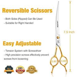 JASON 7.5'' Curved Dog Grooming Scissors, Cats Grooming Shears Pets Trimming Kit for Right Handed Groomers, Sharp, Comfortable, Light-Weight Shear