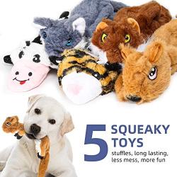 Dog Squeaky Toys, Cute Safe Dog Chew Toys Pack for Puppies Teething, 5 Pack Animals (Bull, Tiger, Fox, Wolf and Squirrel), No Stuffing Stuffless Plush pet Toy