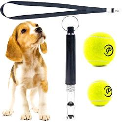 Dog Whistle Ultrasonic Adjustable Frequency - Silent Dogs Puppy Training Tool Whistle Pack with Lanyard Black and 2 Tennis Playing Balls Toy Small Medium Sizes for Stop Barking Control Pet Trainer