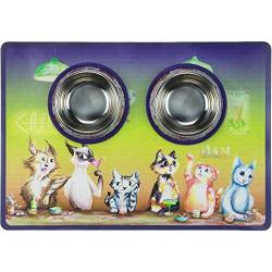 Weebo Pets 3-in-1 Cat Food & Water Bowls with Mat Set - Cat Tales: The Regulars Premium 4 oz. Stainless Steel Dishes with Food-Grade Silicone Feeding/Litter Box Mat