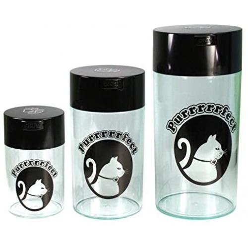 Pawvacs Set of 3 ( 6, 12, 24 Ounce ) Vacuum Sealed Pet Food Storage Containers; Black Cap & Clear Body/Black Cat