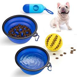 N A PuppyDoggy 2 Pack Collapsible Dog Bowl for Travel Dog Slow Feeder Bowl Water Dish Portable & Dog Toy Ball Chewing Training & Dog Poop Bag Dispenser for Dogs and Cats