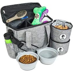 Top Dog Travel Bag - Airline Approved Travel Set for Dogs Stores All Your Dog Accessories - Includes Travel Bag, 2X Food Storage Containers and 2X Collapsible Dog Bowls - Gray