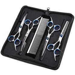 Pet Grooming Scissors Set, Professional 5 Pieces Stainless Steel Pet Trimmer Kit Used for Dog or Cat with 7.5-inch Cutting Scissors, Thinning Shear, Curved Scissors, Grooming Comb