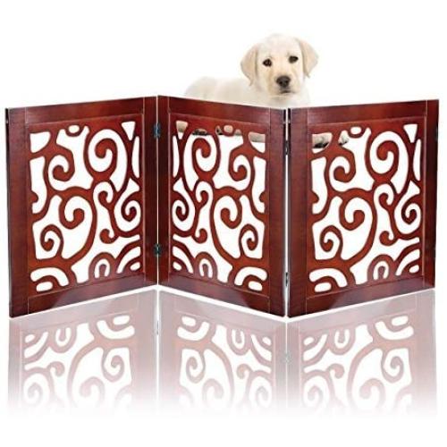 Safety Pet Gate for Dogs – Free-Standing & Foldable - Decorative Scroll Wooden Fence Barrier – Stairs & Doorways