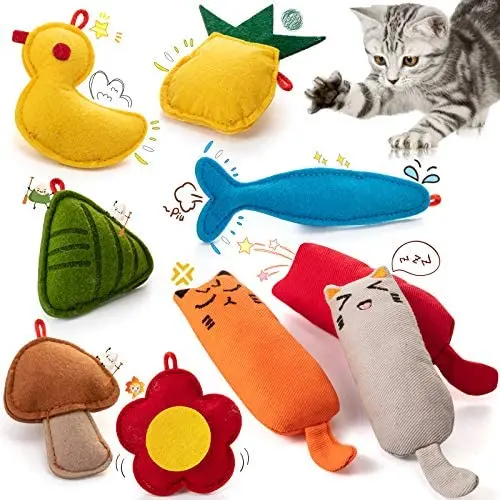 Skylety 9 Pieces Cat Catnip Toys Cartoon Square Catnip Cat Chew Toys Plush Interactive Cute Cat Entertaining Toys for Pet Kitten Cat Playing Chewing Grinding Claw and Teeth Cleaning