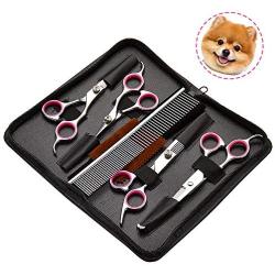 Dog Grooming Scissors 6PCS, Stainless Steel with Safety Round Tip Thinning Straight Curved Shears and Combing Kit for Cat Pet