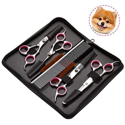 Dog Grooming Scissors 6PCS, Stainless Steel with Safety Round Tip Thinning Straight Curved Shears and Combing Kit for Cat Pet