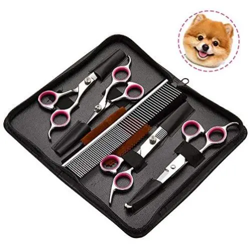 Dog Grooming Scissors 6PCS, Stainless Steel with Safety Round Tip Thinning Straight Curved Shears and Combing Kit for Cat Pet Dog Grooming Scissors 6PCS, Stainless Steel with Safety Round Tip Thinning Straight Curved Shears and Combing Kit for Cat Pet