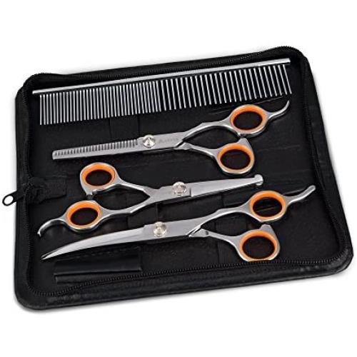 AEXYA Premium Dog Grooming Scissors Kit-3SB-Pet Groom Hair Tool Set-Stainless Steel Straight, Thinning and Curved Sharp Shears for Small or Large Dogs, Cats or Other Pets