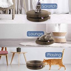 Pawaboo Cat Scratcher Lounge Bed, Multifunctional Collapsible High-Density Corrugated Cardboard Scratching Toy Pad Lounge Round Bed with Built-in Round Bell Balls & Catnip for Cat Kitty Kitten, Beige