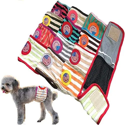 FunnyDogClothes Set - 6pcs Dog Puppy Diaper Male Boy Belly Band Random Colors Reusable Washable for Small Pet (XXS - Waist 8'' - 9'')