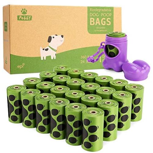 PobbY Dog Poop Bags Biodegradable Unscented, Extra Thick Strong 100% Leak Proof (24 Rolls / 360 Count) Includes Dispenser