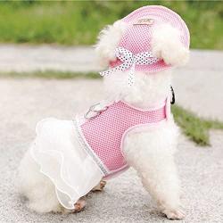 BUYITNOW Cute Pink Dog Dress Harness Pet Lace Mesh Vest Tutu Skirt with Bowknot for Small Dogs Girl