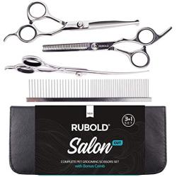 RUBOLD Professional Dog Grooming Scissors Set - Stainless Steel Rounded Tip Sharp Durable Shears with Pet Grooming Comb in Kit - Best Tools for Trimming Every Dog and Cat Salon Cut