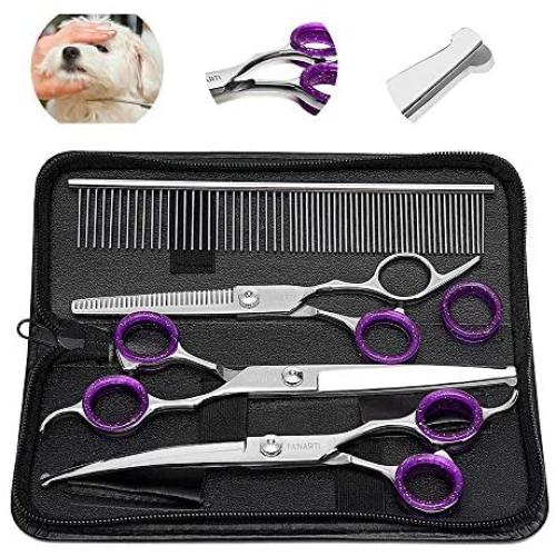 FanArti 8'' Stainless Steel Dog Grooming Scissors Kit With Blunt Round Tip Professional 4CR Heavy Duty Titanium Coated Pet Trimmer Kit Low Noise Thinning, Straight, Curved Shears Comb for Long Hair