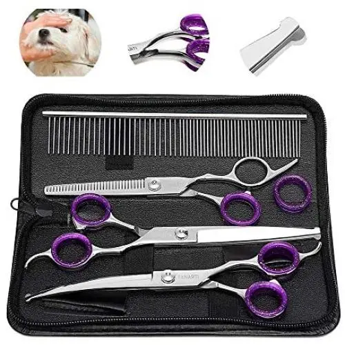FanArti 8'' Stainless Steel Dog Grooming Scissors Kit With Blunt Round Tip Professional 4CR Heavy Duty Titanium Coated Pet Trimmer Kit Low Noise Thinning, Straight, Curved Shears Comb for Long Hair FanArti 8'' Stainless Steel Dog Grooming Scissors Kit With Blunt Round Tip Professional 4CR Heavy Duty Titanium Coated Pet Trimmer Kit Low Noise Thinning, Straight, Curved Shears Comb for Long Hair