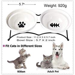 Jyipsonm Natural Ceramic Raised Double Cat Bowls Cute Pet Feeder Bowl Dishes Elevated Food and Water Bowls with Metal Raised Anti-Skid Stand