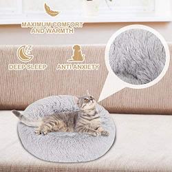 Bathonly Calming Anti-Anxiety Pet Bed Pillow Bed Faux Fur Cuddler Donut Bed for Small Dogs and Cats up to 15 pounds,Light Grey 19.7