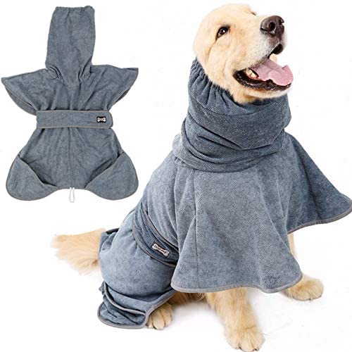 ROZKITCH Hoodie Dog Bath Robe with Belt and Pockets for Medium Large and Extra Large Dogs Adjustable, Super Absorbent Terry Cloth Pet Shower Towel, Grooming Accessory Microfiber