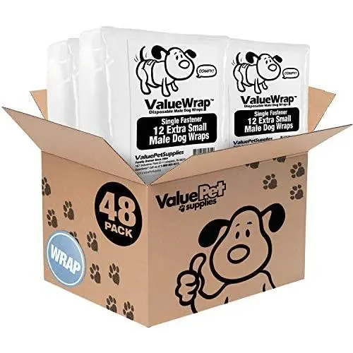 ValueWrap New Disposable Male Dog Diapers, 1-Tab X-Small, 48 Count - Male Wraps, Snag-Free Fastener, Leak Protection, Wetness Indicator