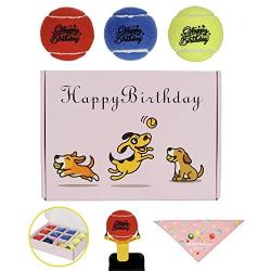 PIKASEN Deluxe Dog Gift Box with 4 Squeak Tennis Balls and 6 Non-Squeak Dog Tennis Ball - 1 Dog Selfie Clip and 1 Dog Birthday Bandana
