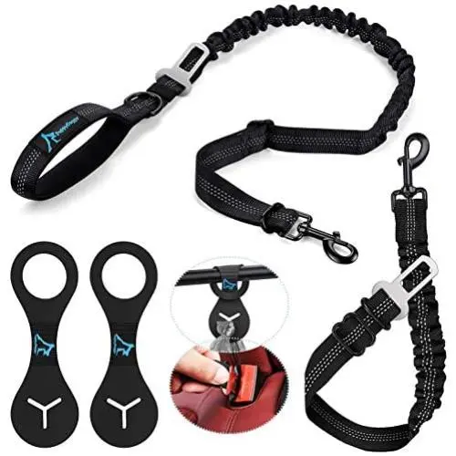 PuppyDoggy Dog Seat Belt Dog Car Seatbelts Adjustable with Padded Handle Dog Standard Leash & 2Pcs Dog Poop Bags Holder (2 Pack)