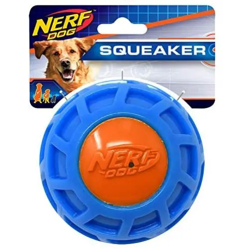 Nerf Dog TPR EXO Squeak Ball Dog Toy, Lightweight, Durable and Water Resistant, Single Unit, Blue/Orange Nerf Dog TPR EXO Squeak Ball Dog Toy, Lightweight, Durable and Water Resistant, Single Unit, Blue/Orange