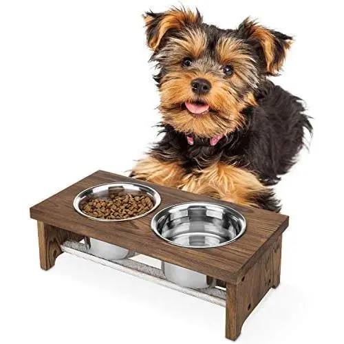 MyGift 5 Inch Height Burnt Wood Small Pet Dog Cat Elevated Raised Feeder Stand with 4 Removable Stainless Steel Bowls MyGift 5 Inch Height Burnt Wood Small Pet Dog Cat Elevated Raised Feeder Stand with 4 Removable Stainless Steel Bowls