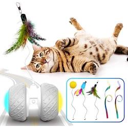 k-berho Cat Toys Interactive, Cat Toys for Indoor with Feather,Ball,Mouse and 2 Color Ribbons,Automatic Cat Toy with Irregular USB Charging 360 Degree Self Rotating Ball