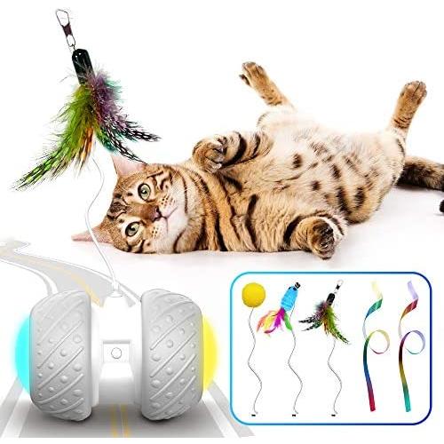 k-berho Cat Toys Interactive, Cat Toys for Indoor with Feather,Ball,Mouse and 2 Color Ribbons,Automatic Cat Toy with Irregular USB Charging 360 Degree Self Rotating Ball
