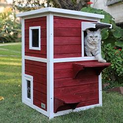 Petsfit 2-Story Weatherproof Outdoor Kitty Cat House/Condo/Shelter with Escape Door 20'' Lx20 Wx32 H