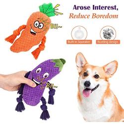 Lewondr Plush Dog Toys, Cute Soft Squeaky Plush Toy for Dogs Quality Corduroy Animated Stuffed Puppy Chew Toy with Squeakers Eggplant Carrot Interactive Soft Pet Toys for Teeth Cleaning - Colorful