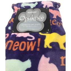 Opulence Pet Throw Blanket - Purple with Pink, Green and Yellow Cats MEOW with Pom Poms on edge