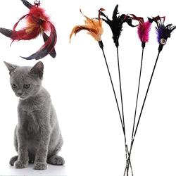 Monliyan 4 Pcs Funny Pet Cat Kitten Play Sticks Wand Rod Classic Feathers Teaser with Bell Elastic Cat Interactive Cat Toy