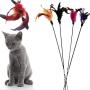 Monliyan 4 Pcs Funny Pet Cat Kitten Play Sticks Wand Rod Classic Feathers Teaser with Bell Elastic Cat Interactive Cat Toy