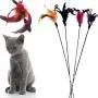 Monliyan 4 Pcs Funny Pet Cat Kitten Play Sticks Wand Rod Classic Feathers Teaser with Bell Elastic Cat Interactive Cat Toy