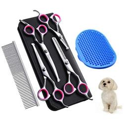 VONLUXE Grooming Scissors for Dogs and Cats, 6 in 1 Pet Scissors Stainless Steel Titanium Coated Safety Round Tip, Thinning, Straight, Curved Scissors with Comb and Hairbrush