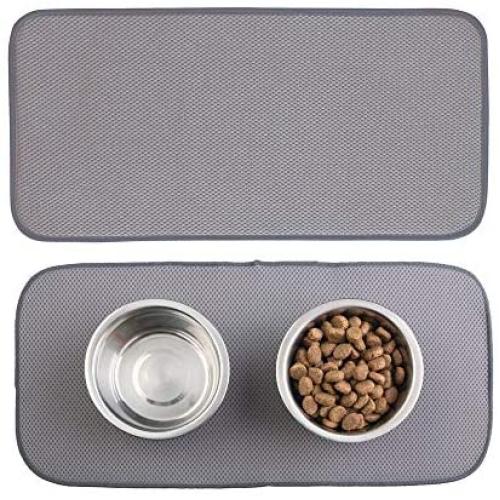 mDesign Premium Quality Microfiber Polyester Pet Food and Water Bowl Feeding Mat for Dogs - Ultra Absorbent Reversible Placemat - Folds for Compact Storage - Small, 2 Pack - Pewter Gray/Ivory