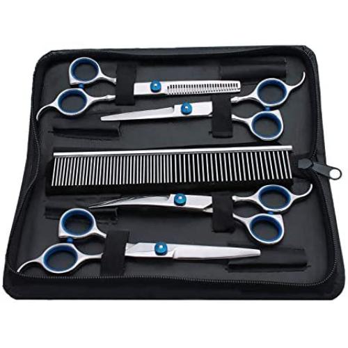sesaisi Pet Dog Grooming Scissors Professional Hair Grooming Scissors Curved Shears Kit Thinning Trimmer Comb Hair Cutting Tool 6 Pieces Set
