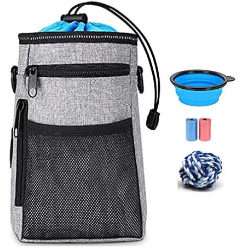 TOPSOSO Dog Treat Pouch Bag with Poop Bag Holder, Collapsible Feeder Bowl, Poop Bag Waterproof Shoulder Waist Strap Dog Food Backpack Toys Bag, Easily Carrying Dog Toys, Food (Gray)