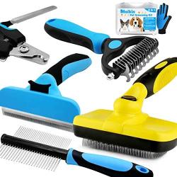Moikin 7 in 1 Professional Pet Grooming Tool Kit Box - Dog & Cat Self Cleaning Wire Slicker Brush, Nail Clippers & File Trimmer, Deshedding Tool, Dematting Comb, Grooming Comb, Undercoat Rake, Glove