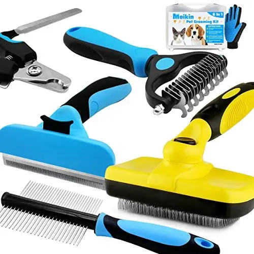Moikin 7 in 1 Professional Pet Grooming Tool Kit Box - Dog & Cat Self Cleaning Wire Slicker Brush, Nail Clippers & File Trimmer, Deshedding Tool, Dematting Comb, Grooming Comb, Undercoat Rake, Glove