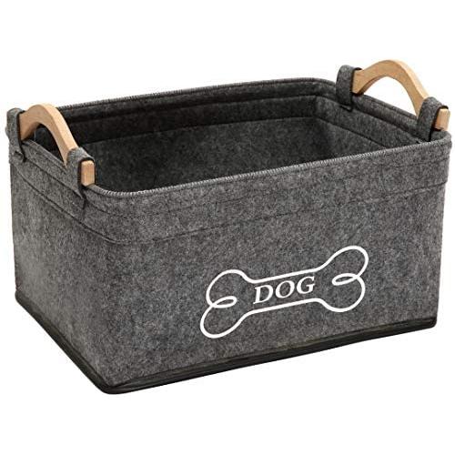 Brabtod Felt pet Toy Box and Dog Toy Box Storage Basket with Wood Handle, Perfect for organizing pet Toys, Blankets, leashes and Food