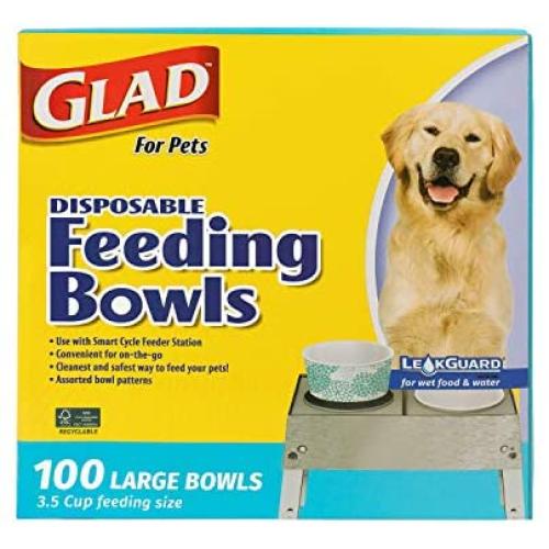 Glad for Pets Disposable Feeding Bowls | Large Disposable Dog Bowls | Made from Recyclable Material in Teal Pattern | 3.5 Cup Feeding Size, 100 Count