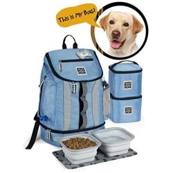 Mobile Dog Gear, Dog Travel Bag, Drop Bottom Week Away Backpack for Medium and Large Dogs, Includes 2 Lined Food Carriers and 2 Collapsible Dog Bowls