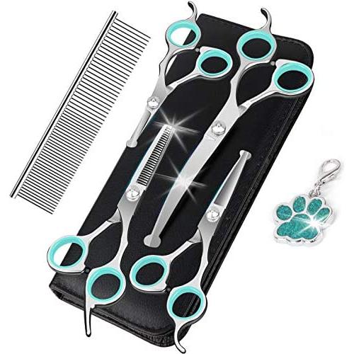 8PCs Stainless Steel Dog Grooming Scissors Kit, Heavy Duty Pet Grooming Trimmer Set with Thinning, Straight, Curved Shears Comb for Large Small Dog Long Short Curly Hair (Green)