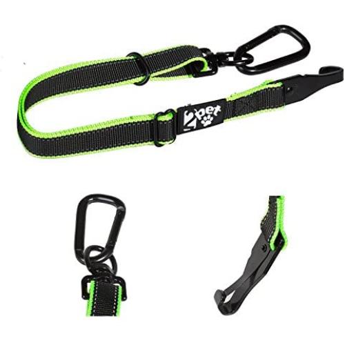 2PET Dog Seatbelt Strap Adjustable Dog Seat Belt for All Breeds – Use with Harness – All Car Makes – Carabiner Clip Leash – Green and Black